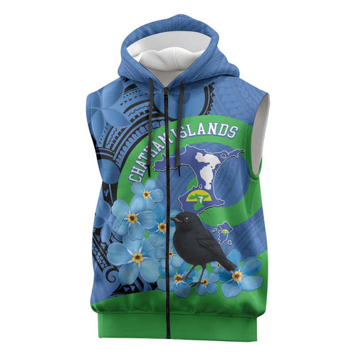 New Zealand Chatham Islands Sleeveless Zip Hoodie Wharekauri Forget Me Not With Black Robin LT14