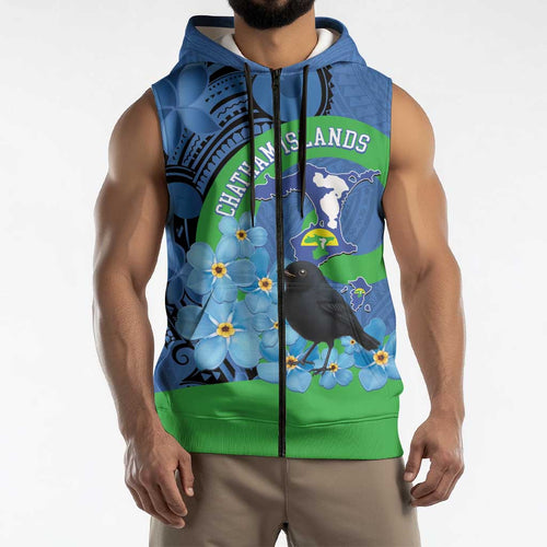 New Zealand Chatham Islands Sleeveless Zip Hoodie Wharekauri Forget Me Not With Black Robin LT14