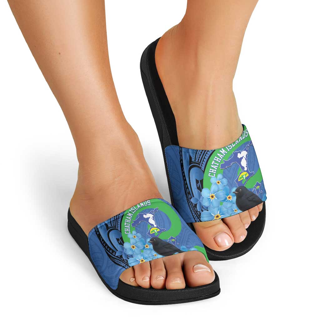 New Zealand Chatham Islands Slide Sandals Wharekauri Forget Me Not With Black Robin - Aussie Hoodie
