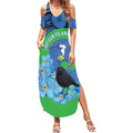 New Zealand Chatham Islands Summer Maxi Dress Wharekauri Forget Me Not With Black Robin