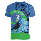 New Zealand Chatham Islands Women V-Neck T-Shirt Wharekauri Forget Me Not With Black Robin