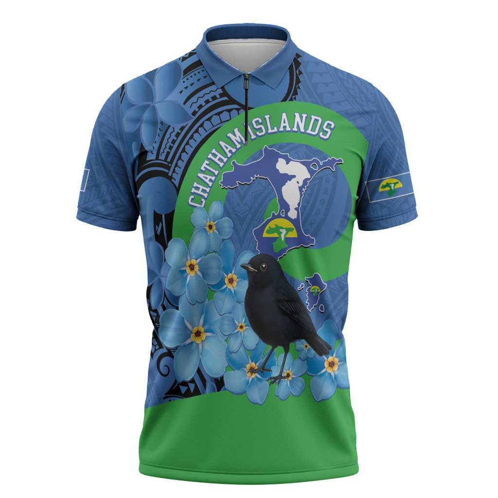 New Zealand Chatham Islands Zipper Polo Shirt Wharekauri Forget Me Not With Black Robin - Aussie Hoodie