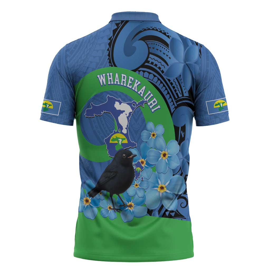 New Zealand Chatham Islands Zipper Polo Shirt Wharekauri Forget Me Not With Black Robin - Aussie Hoodie