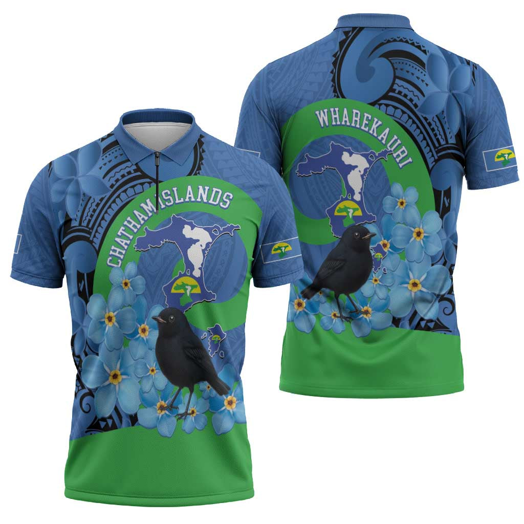 New Zealand Chatham Islands Zipper Polo Shirt Wharekauri Forget Me Not With Black Robin - Aussie Hoodie