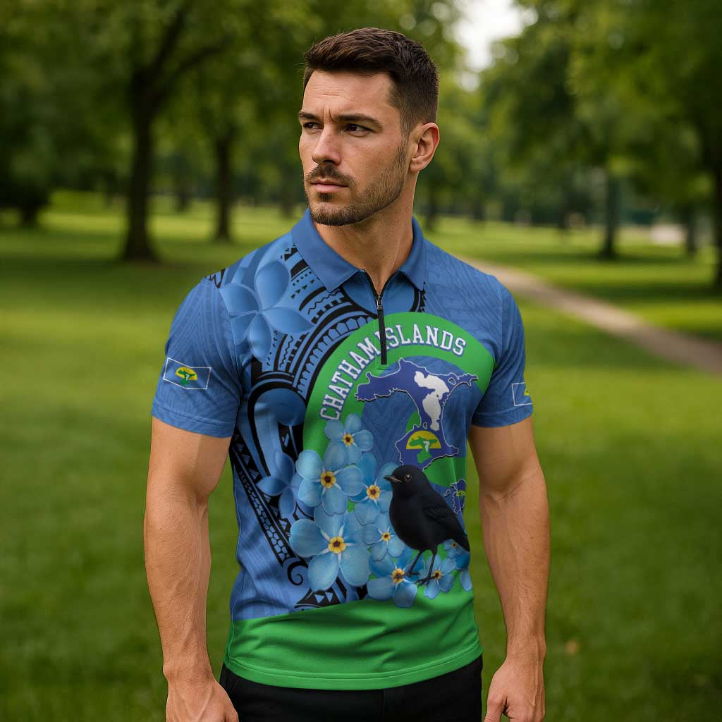 New Zealand Chatham Islands Zipper Polo Shirt Wharekauri Forget Me Not With Black Robin - Aussie Hoodie