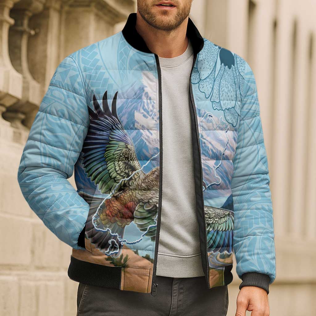New Zealand South Island Bomber Puffer Jacket Te Waipounamu Aoraki Kea Bird - Aussie Hoodie