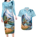 New Zealand South Island Couples Matching Long Sleeve Bodycon Dress and Hawaiian Shirt Te Waipounamu Aoraki Kea Bird