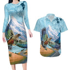 New Zealand South Island Couples Matching Long Sleeve Bodycon Dress and Hawaiian Shirt Te Waipounamu Aoraki Kea Bird