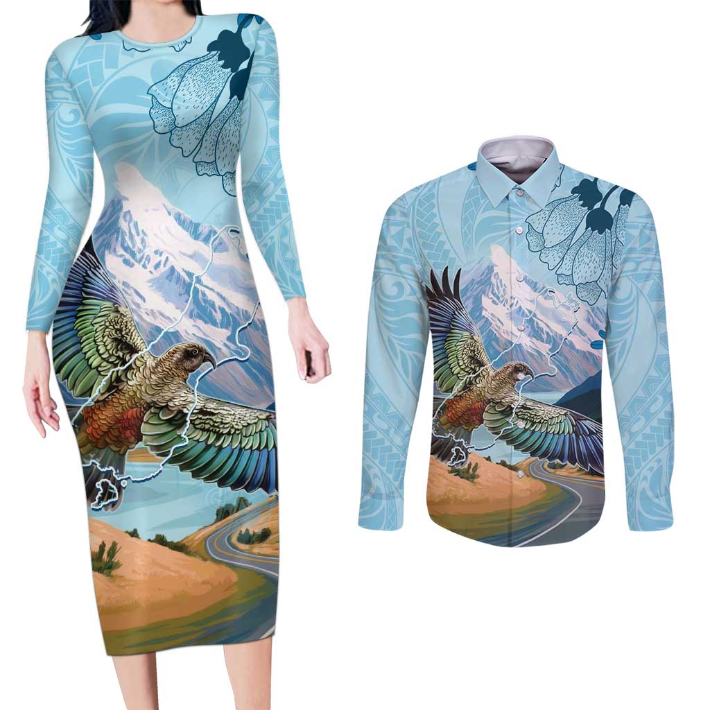 New Zealand South Island Couples Matching Long Sleeve Bodycon Dress and Long Sleeve Button Shirt Te Waipounamu Aoraki Kea Bird