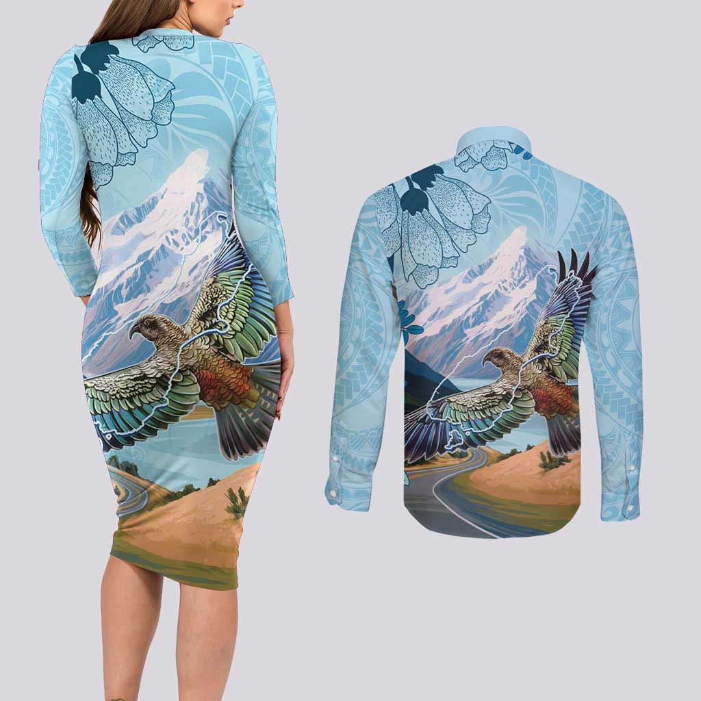 New Zealand South Island Couples Matching Long Sleeve Bodycon Dress and Long Sleeve Button Shirt Te Waipounamu Aoraki Kea Bird