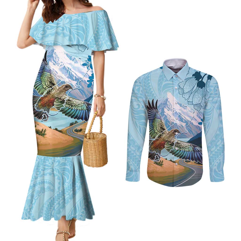 New Zealand South Island Couples Matching Mermaid Dress and Long Sleeve Button Shirt Te Waipounamu Aoraki Kea Bird