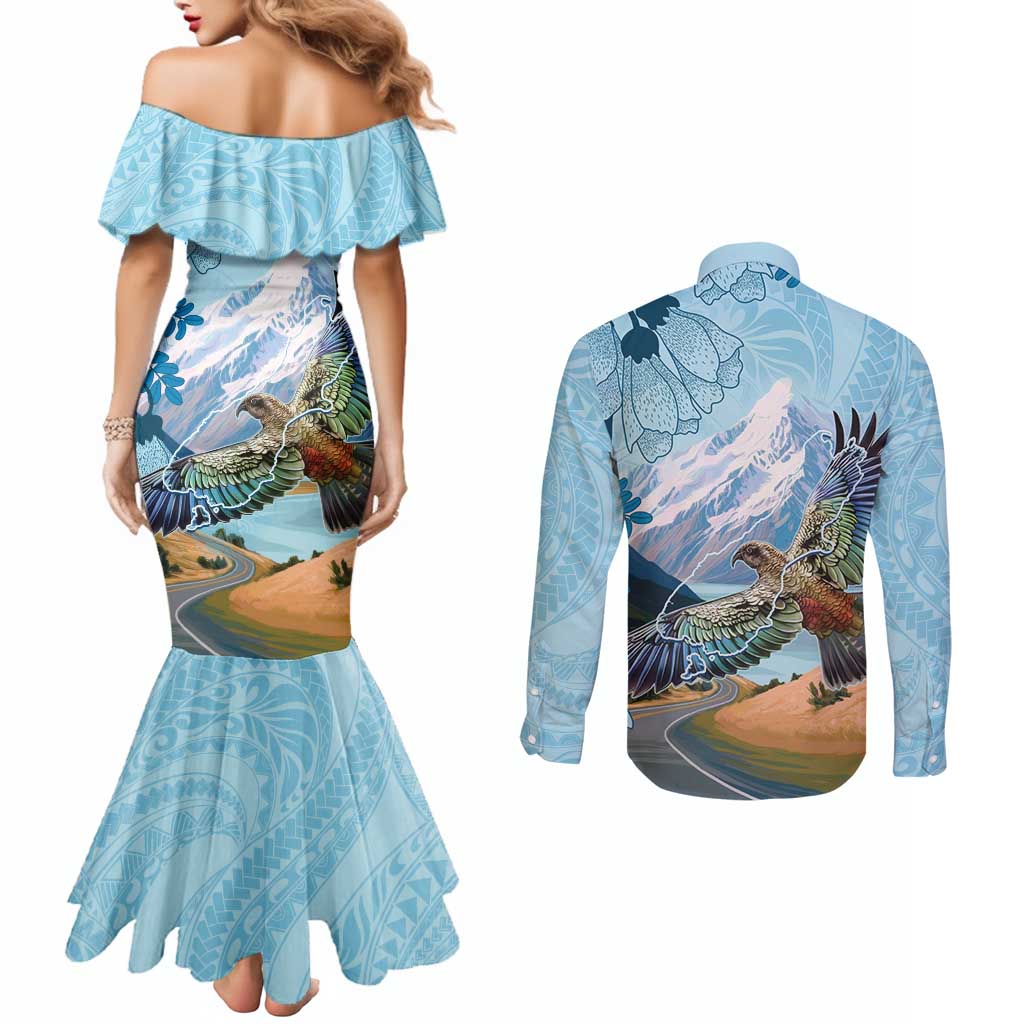 New Zealand South Island Couples Matching Mermaid Dress and Long Sleeve Button Shirt Te Waipounamu Aoraki Kea Bird