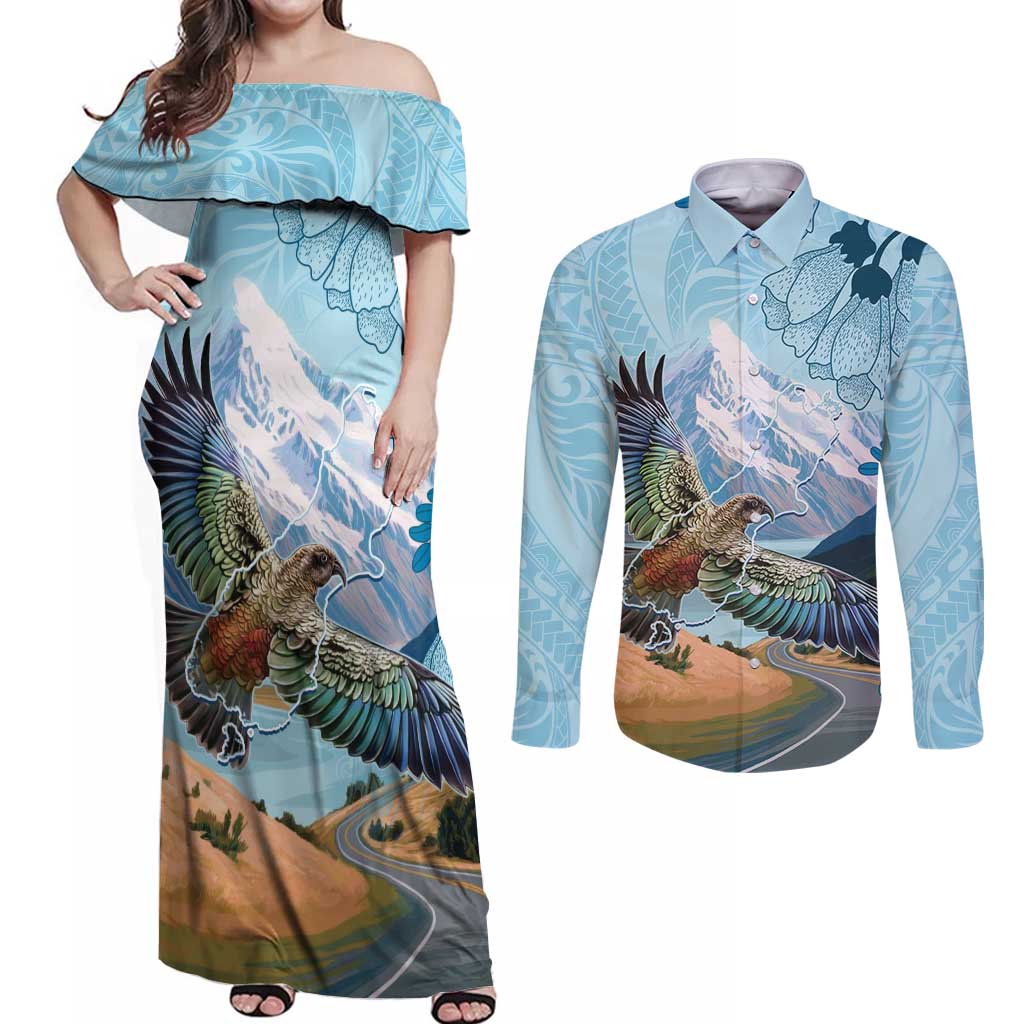 New Zealand South Island Couples Matching Off Shoulder Maxi Dress and Long Sleeve Button Shirt Te Waipounamu Aoraki Kea Bird