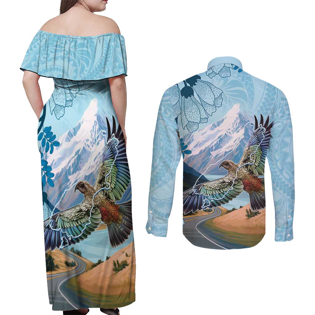 New Zealand South Island Couples Matching Off Shoulder Maxi Dress and Long Sleeve Button Shirt Te Waipounamu Aoraki Kea Bird