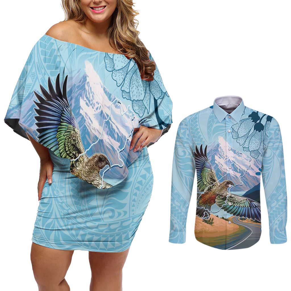 New Zealand South Island Couples Matching Off Shoulder Short Dress and Long Sleeve Button Shirt Te Waipounamu Aoraki Kea Bird