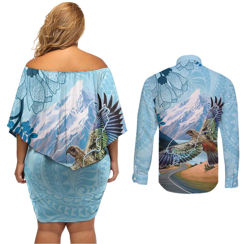 New Zealand South Island Couples Matching Off Shoulder Short Dress and Long Sleeve Button Shirt Te Waipounamu Aoraki Kea Bird