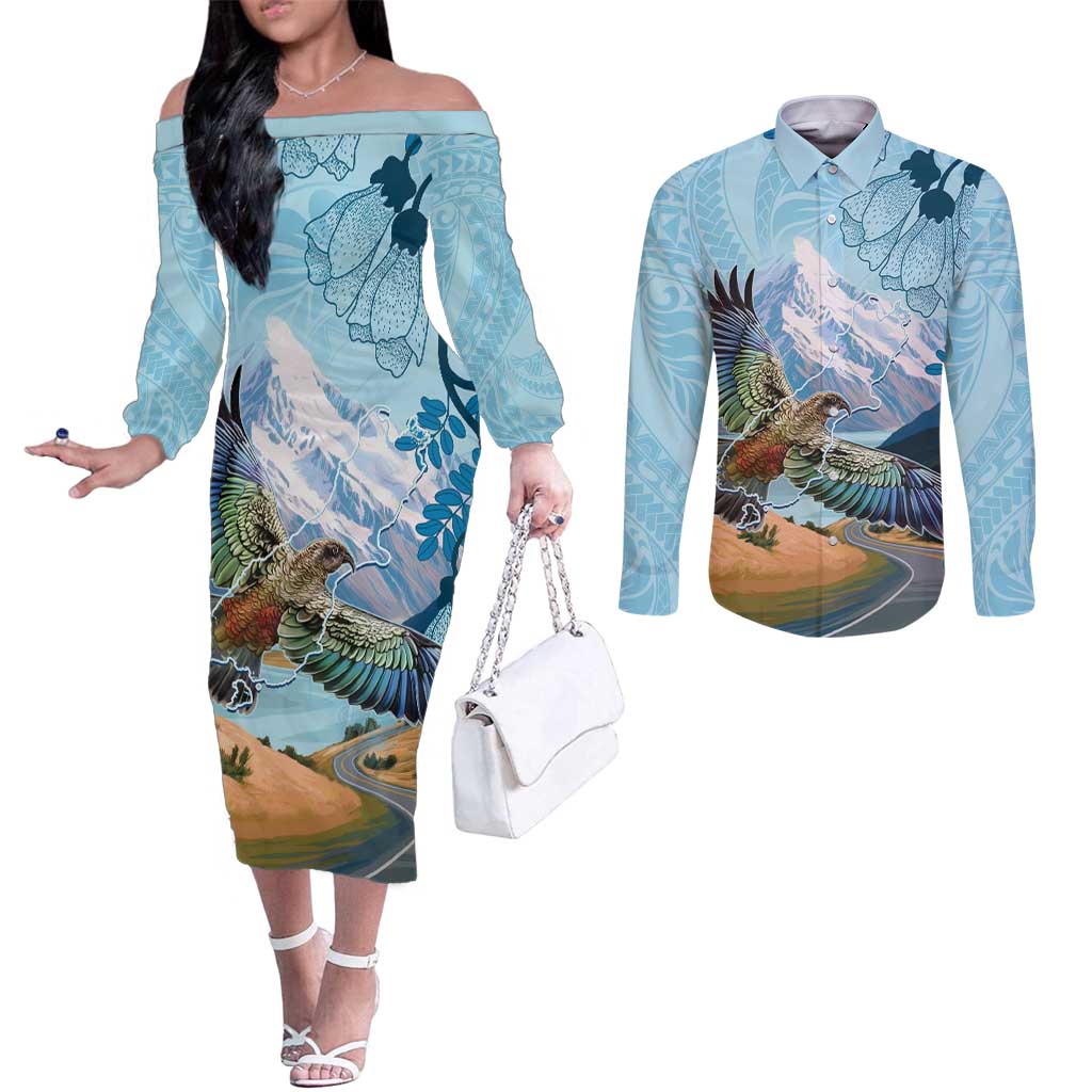 New Zealand South Island Couples Matching Off The Shoulder Long Sleeve Dress and Long Sleeve Button Shirt Te Waipounamu Aoraki Kea Bird