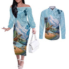 New Zealand South Island Couples Matching Off The Shoulder Long Sleeve Dress and Long Sleeve Button Shirt Te Waipounamu Aoraki Kea Bird