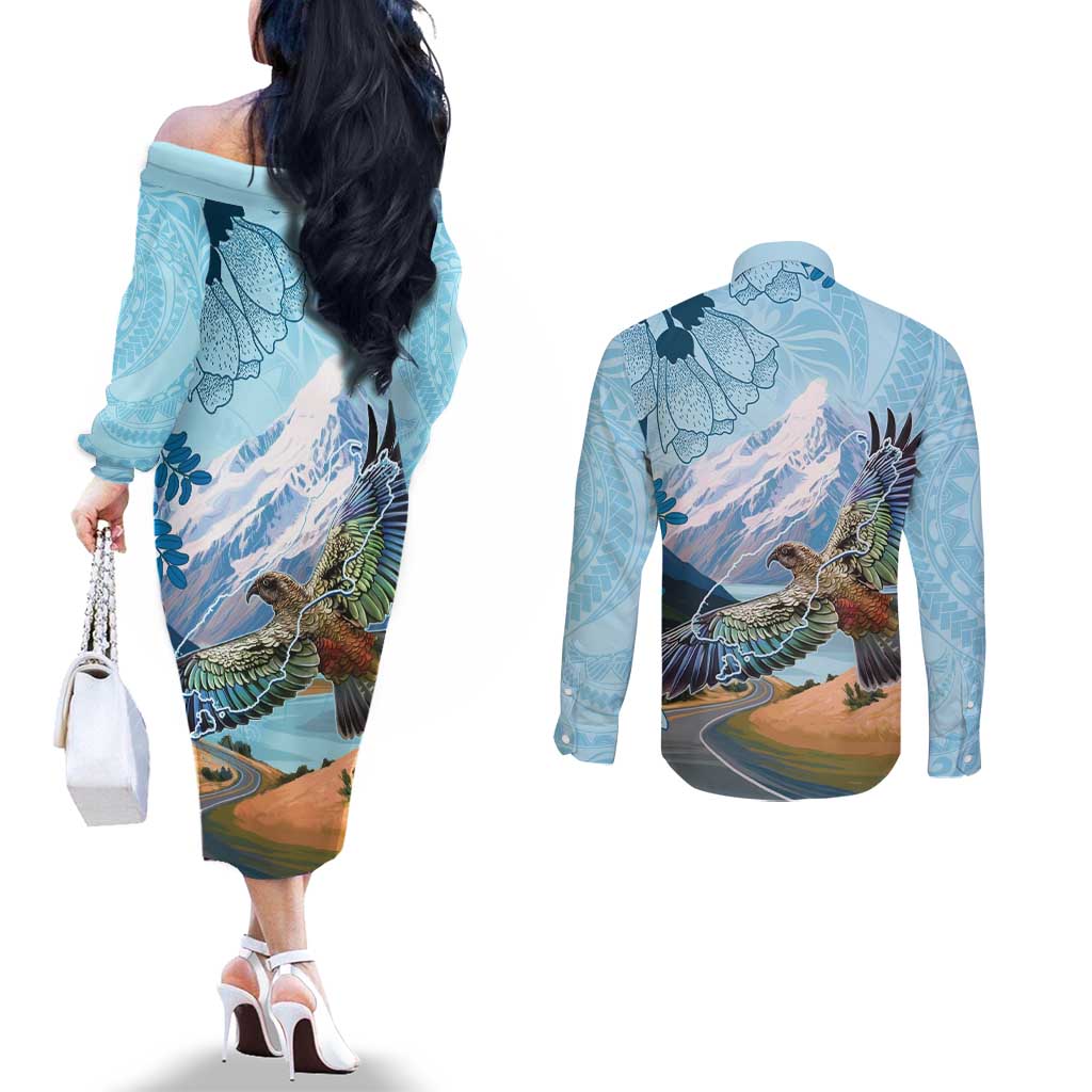 New Zealand South Island Couples Matching Off The Shoulder Long Sleeve Dress and Long Sleeve Button Shirt Te Waipounamu Aoraki Kea Bird