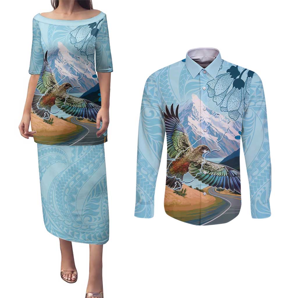 New Zealand South Island Couples Matching Puletasi and Long Sleeve Button Shirt Te Waipounamu Aoraki Kea Bird