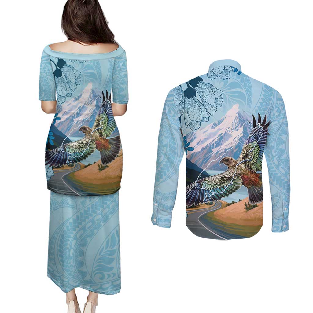 New Zealand South Island Couples Matching Puletasi and Long Sleeve Button Shirt Te Waipounamu Aoraki Kea Bird