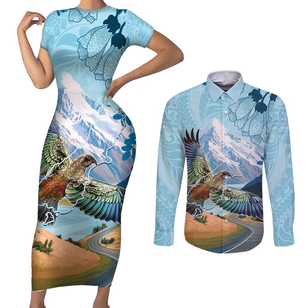 New Zealand South Island Couples Matching Short Sleeve Bodycon Dress and Long Sleeve Button Shirt Te Waipounamu Aoraki Kea Bird
