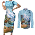 New Zealand South Island Couples Matching Short Sleeve Bodycon Dress and Long Sleeve Button Shirt Te Waipounamu Aoraki Kea Bird