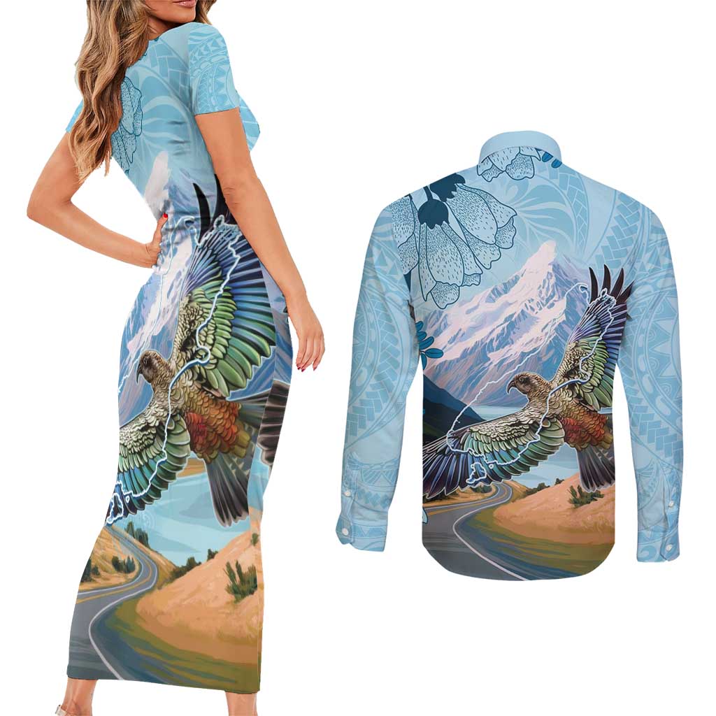 New Zealand South Island Couples Matching Short Sleeve Bodycon Dress and Long Sleeve Button Shirt Te Waipounamu Aoraki Kea Bird