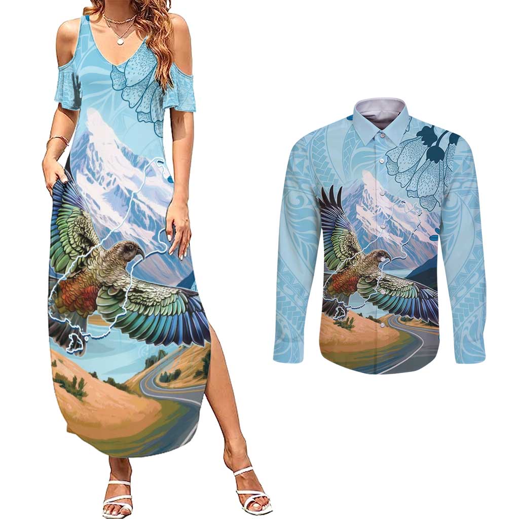 New Zealand South Island Couples Matching Summer Maxi Dress and Long Sleeve Button Shirt Te Waipounamu Aoraki Kea Bird
