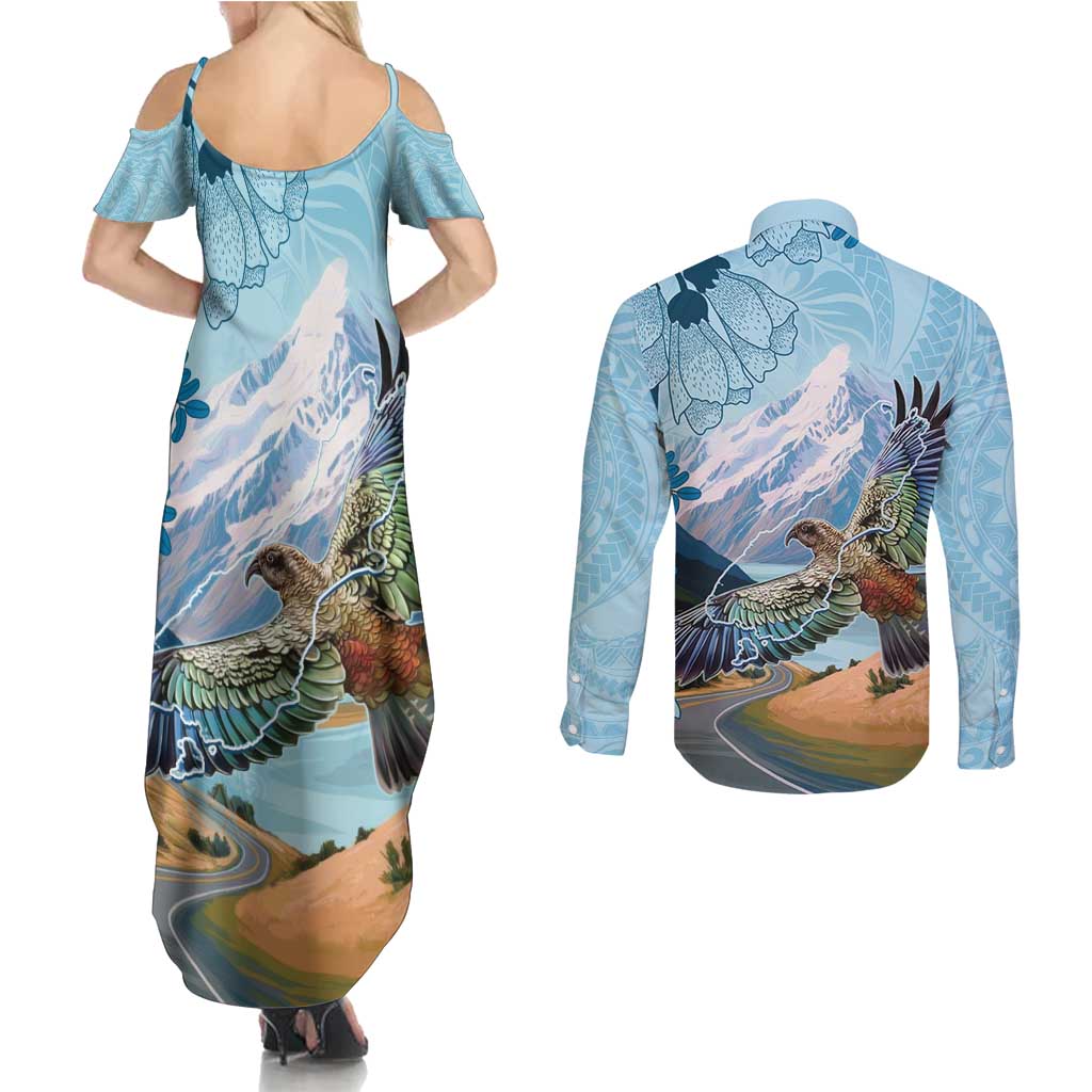 New Zealand South Island Couples Matching Summer Maxi Dress and Long Sleeve Button Shirt Te Waipounamu Aoraki Kea Bird
