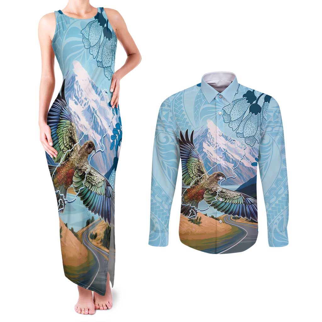 New Zealand South Island Couples Matching Tank Maxi Dress and Long Sleeve Button Shirt Te Waipounamu Aoraki Kea Bird