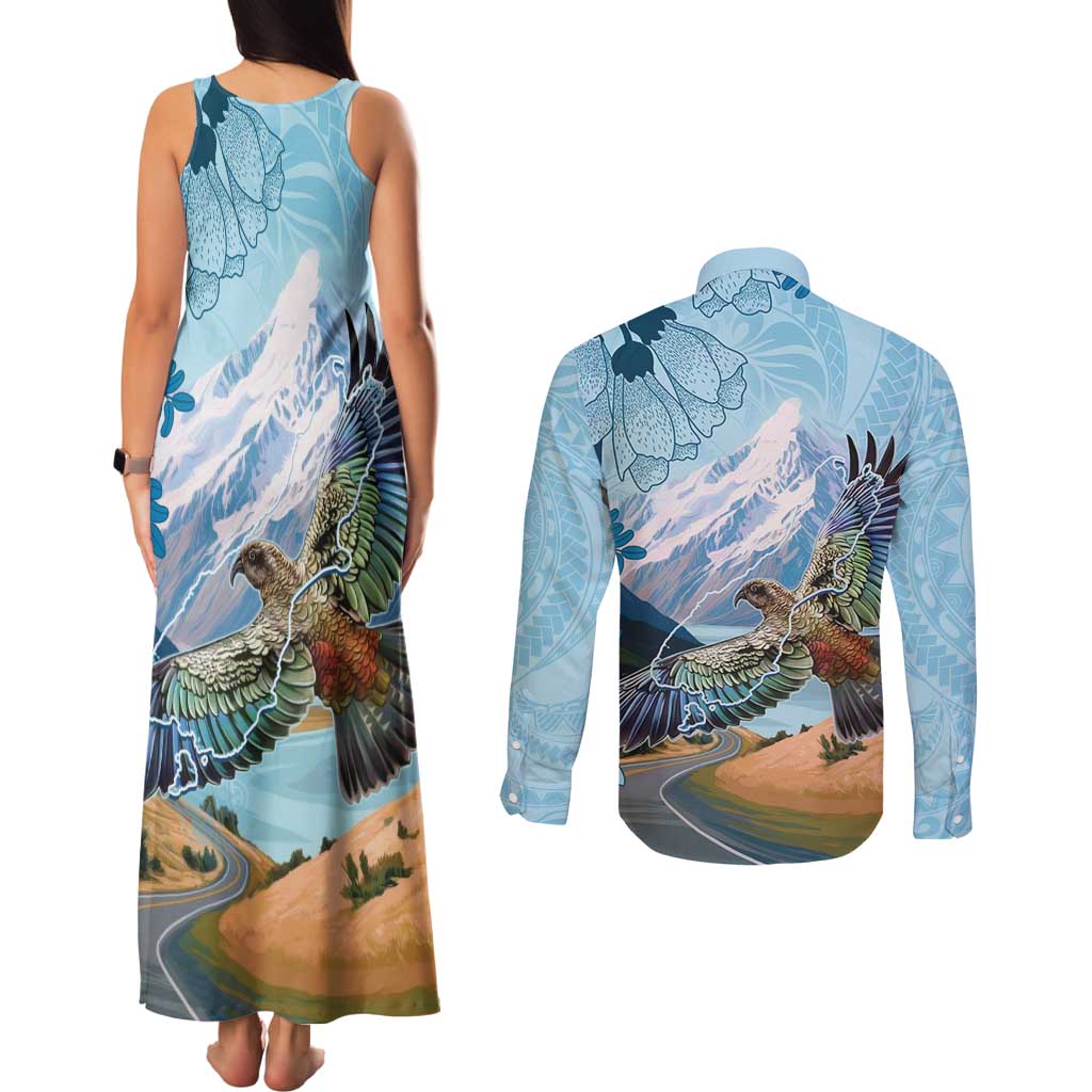 New Zealand South Island Couples Matching Tank Maxi Dress and Long Sleeve Button Shirt Te Waipounamu Aoraki Kea Bird