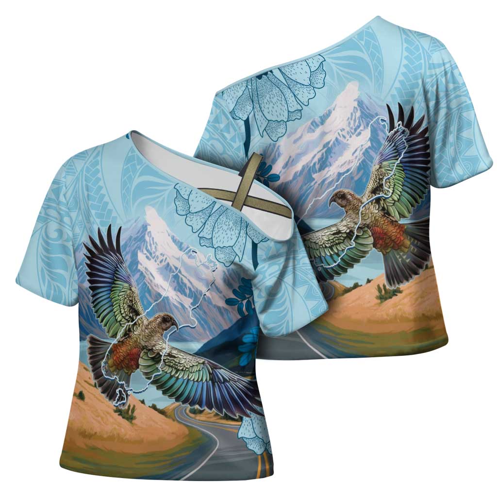 New Zealand South Island Cross Shoulder Shirt Te Waipounamu Aoraki Kea Bird - Aussie Hoodie