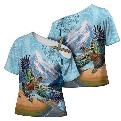 New Zealand South Island Cross Shoulder Shirt Te Waipounamu Aoraki Kea Bird - Aussie Hoodie