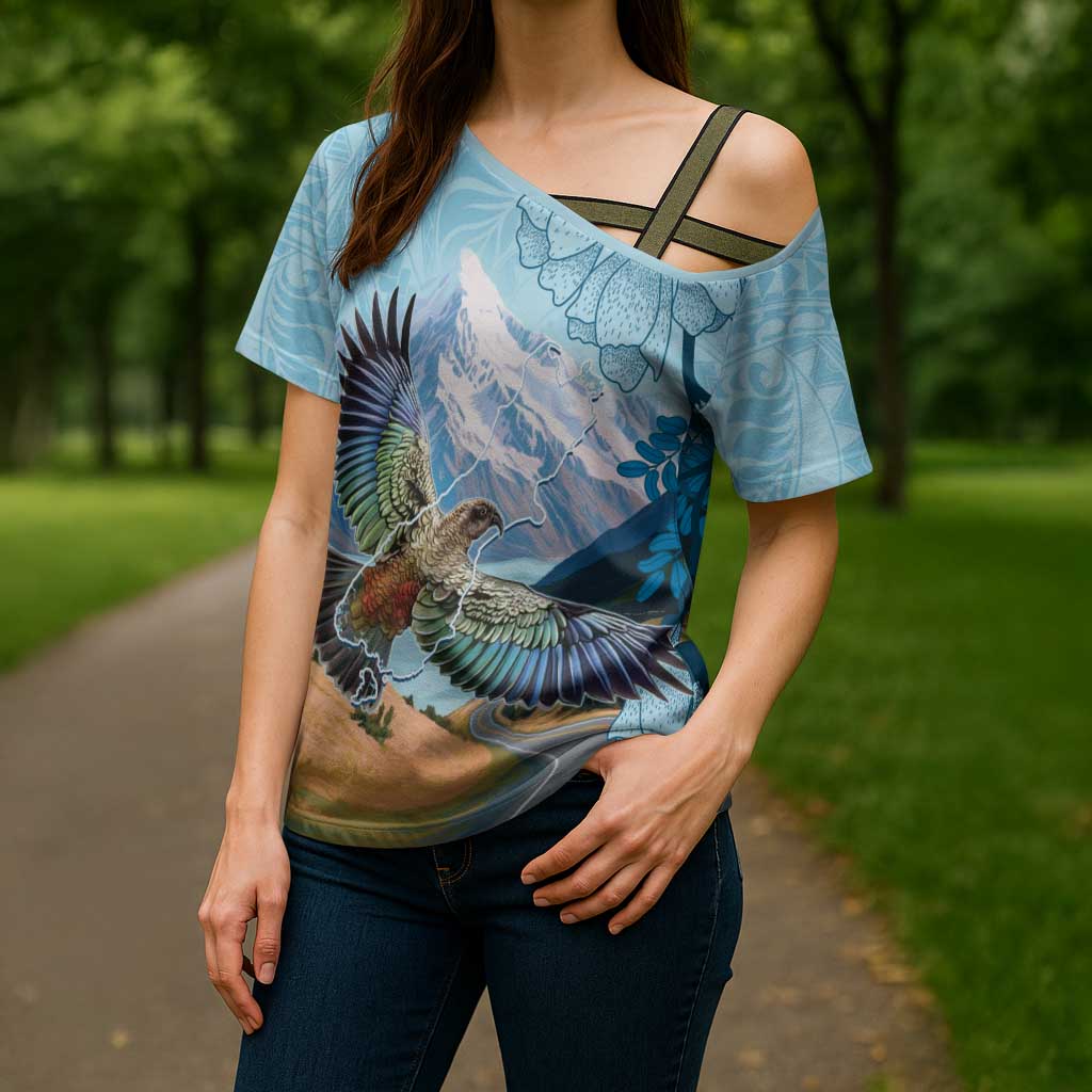 New Zealand South Island Cross Shoulder Shirt Te Waipounamu Aoraki Kea Bird - Aussie Hoodie