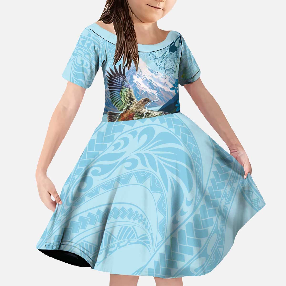 New Zealand South Island Family Matching Off The Shoulder Long Sleeve Dress and Hawaiian Shirt Te Waipounamu Aoraki Kea Bird