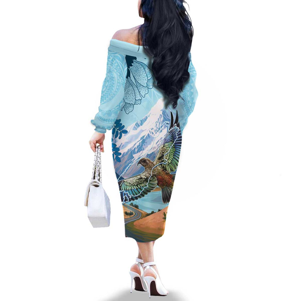 New Zealand South Island Family Matching Off The Shoulder Long Sleeve Dress and Hawaiian Shirt Te Waipounamu Aoraki Kea Bird
