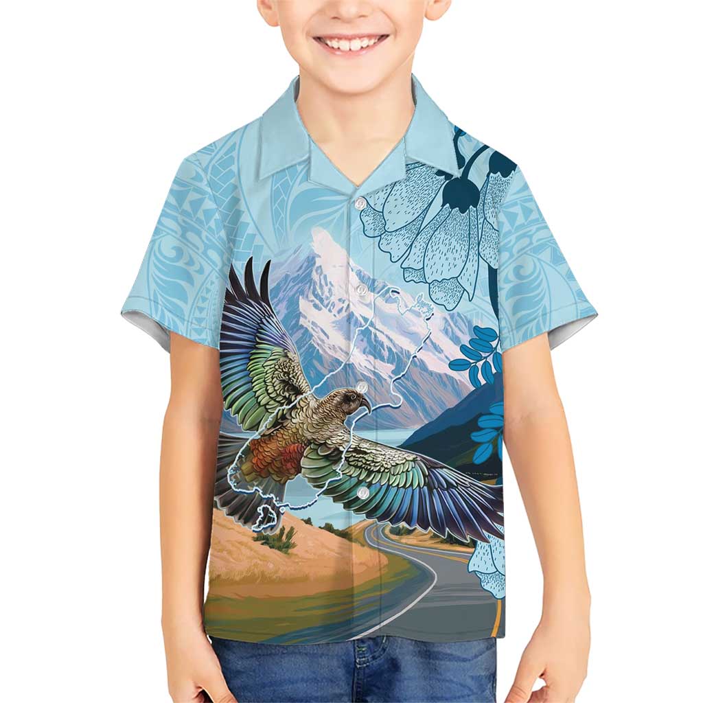 New Zealand South Island Kid Hawaiian Shirt Te Waipounamu Aoraki Kea Bird