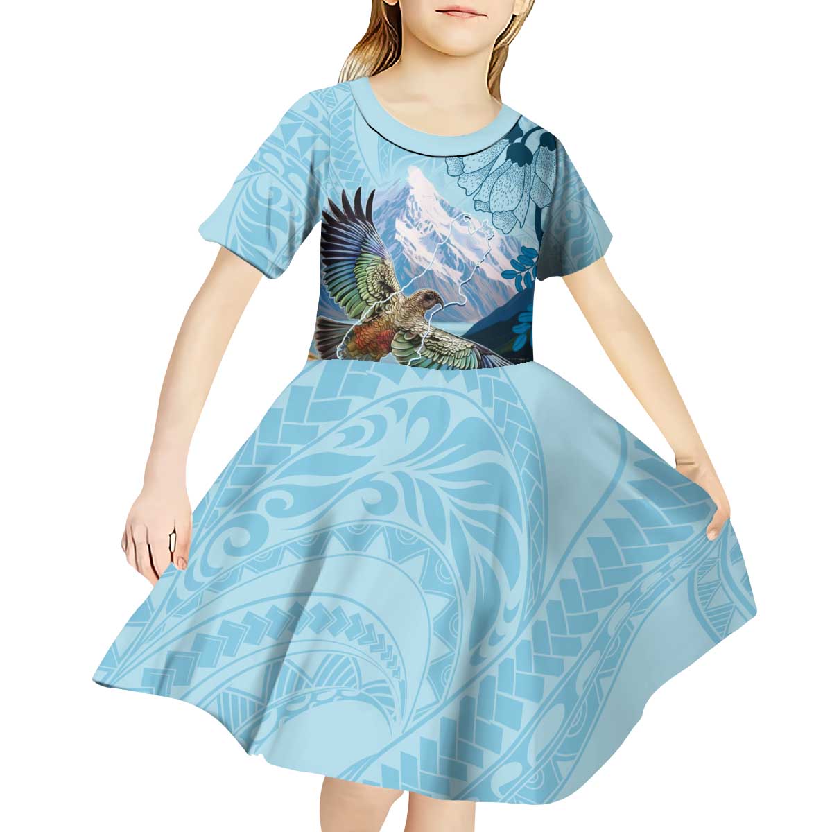 New Zealand South Island Kid Short Sleeve Dress Te Waipounamu Aoraki Kea Bird