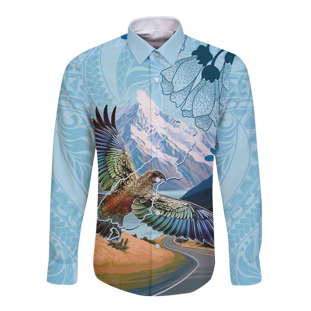 New Zealand South Island Long Sleeve Button Shirt Te Waipounamu Aoraki Kea Bird