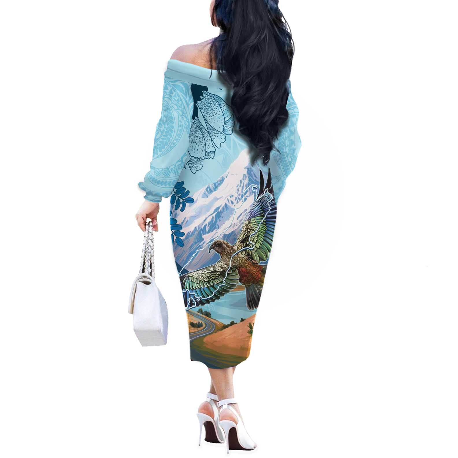 New Zealand South Island Off The Shoulder Long Sleeve Dress Te Waipounamu Aoraki Kea Bird