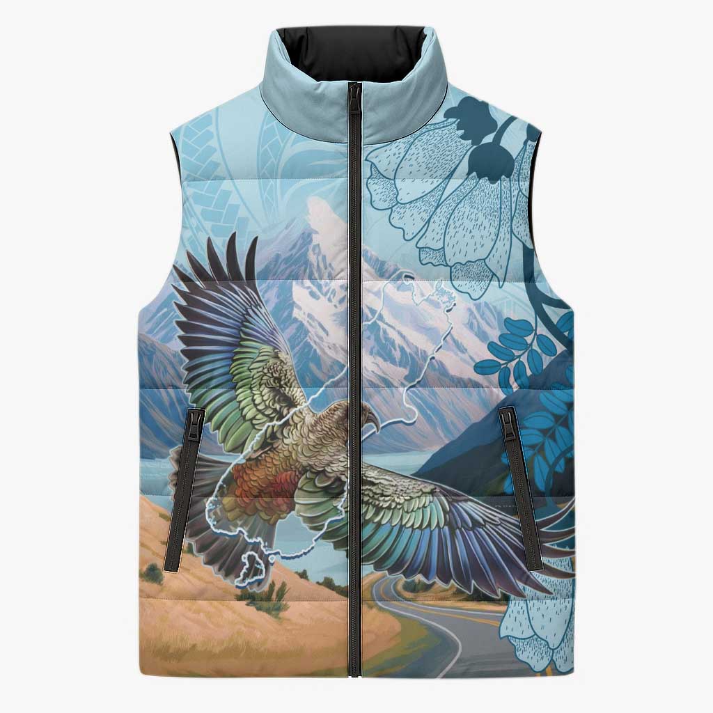 New Zealand South Island Sleeveless Puffer Jacket Te Waipounamu Aoraki Kea Bird - Aussie Hoodie