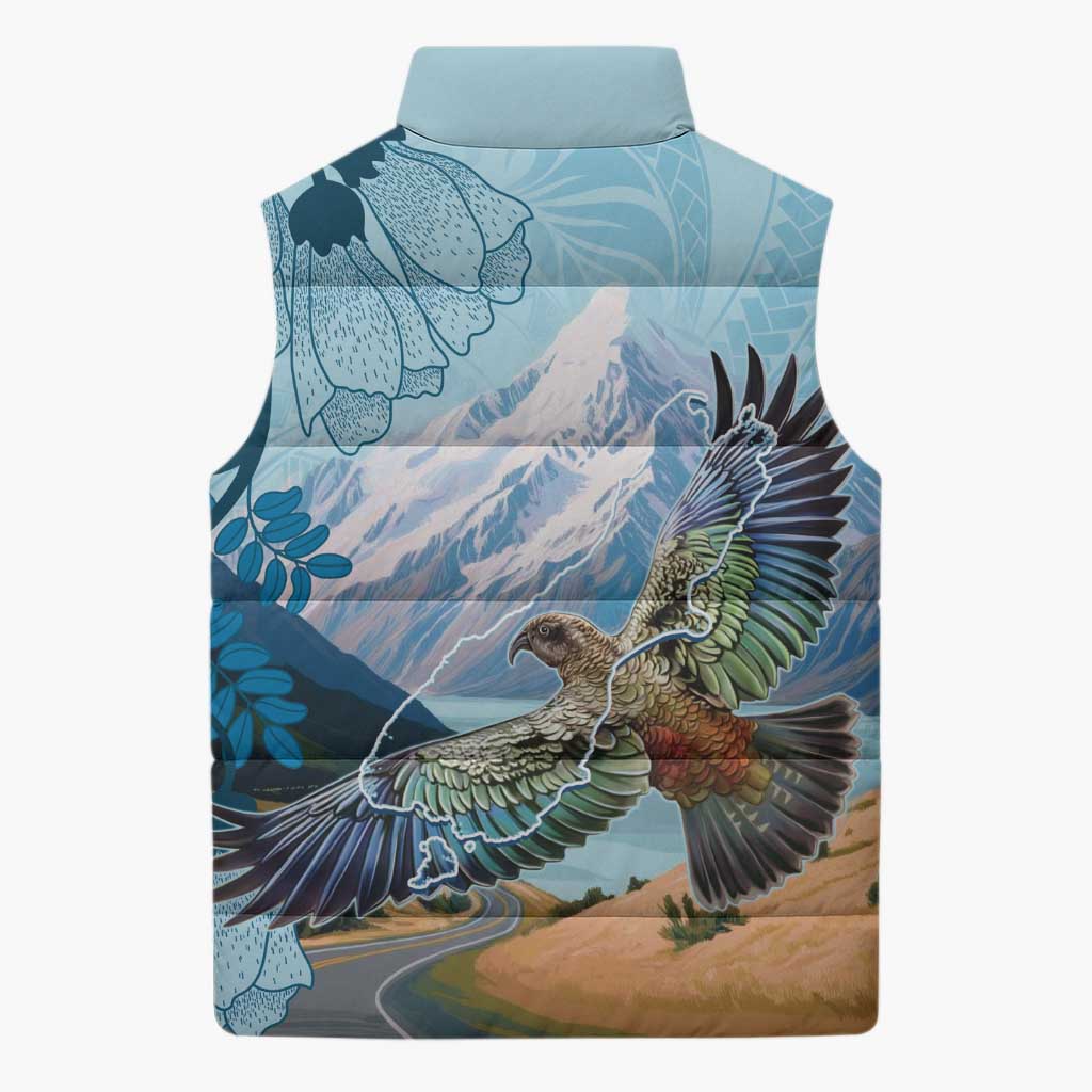 New Zealand South Island Sleeveless Puffer Jacket Te Waipounamu Aoraki Kea Bird - Aussie Hoodie