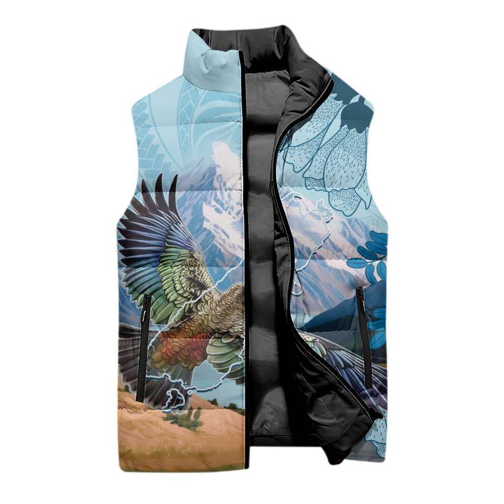 New Zealand South Island Sleeveless Puffer Jacket Te Waipounamu Aoraki Kea Bird - Aussie Hoodie