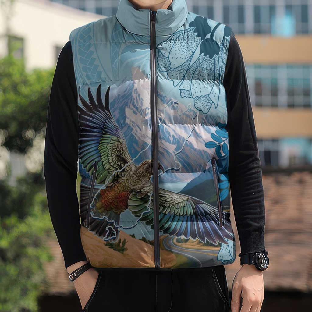 New Zealand South Island Sleeveless Puffer Jacket Te Waipounamu Aoraki Kea Bird - Aussie Hoodie