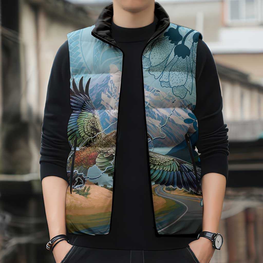 New Zealand South Island Sleeveless Puffer Jacket Te Waipounamu Aoraki Kea Bird - Aussie Hoodie