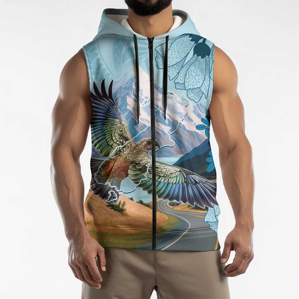 New Zealand South Island Sleeveless Zip Hoodie Te Waipounamu Aoraki Kea Bird LT14