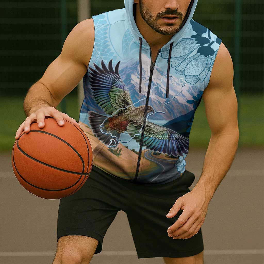 New Zealand South Island Sleeveless Zip Hoodie Te Waipounamu Aoraki Kea Bird LT14