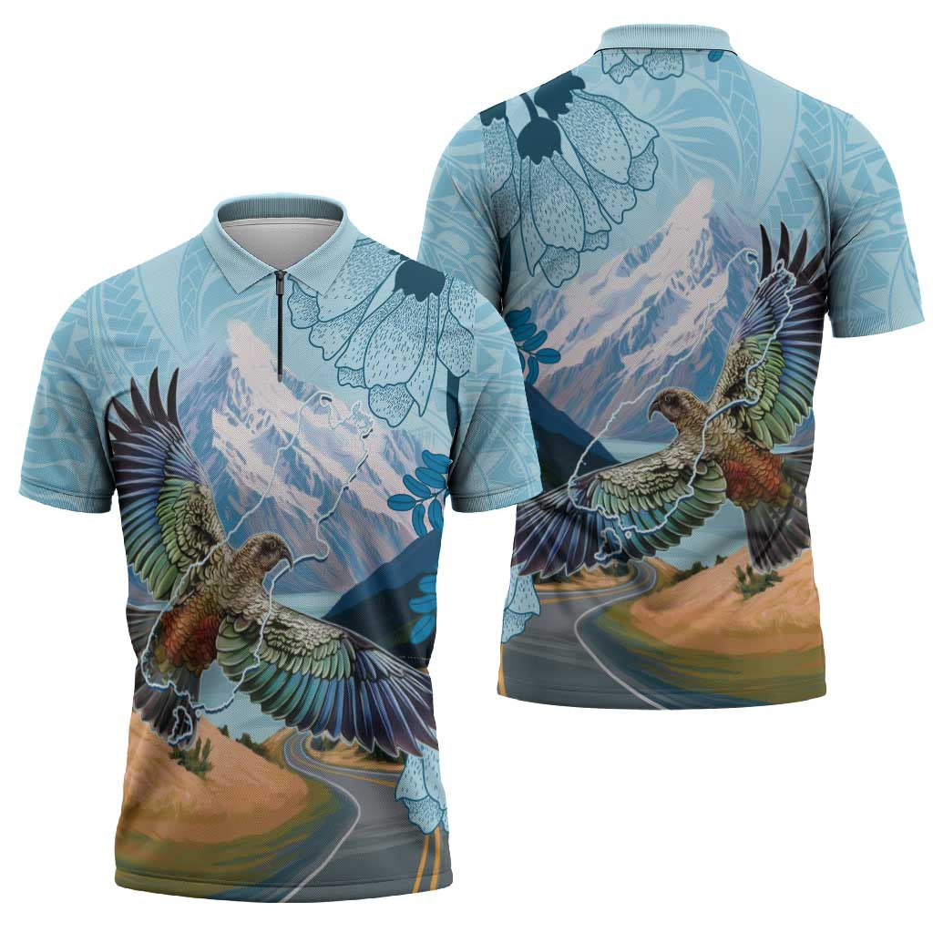 New Zealand South Island Zipper Polo Shirt Te Waipounamu Aoraki Kea Bird - Aussie Hoodie
