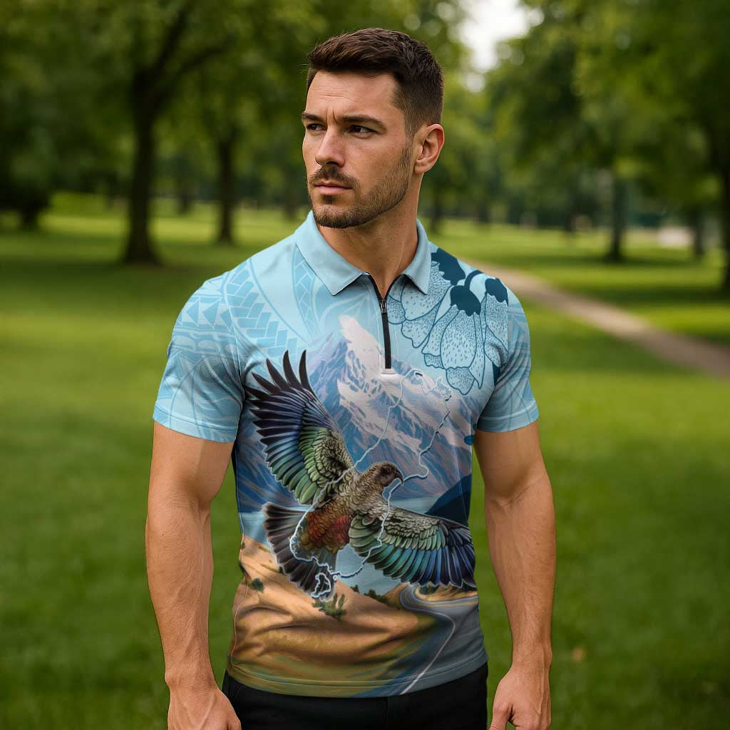 New Zealand South Island Zipper Polo Shirt Te Waipounamu Aoraki Kea Bird - Aussie Hoodie